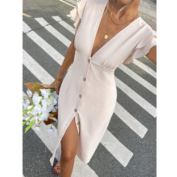 Beige Midi Dress V-Neck Ruffle Sleeve Button Through - Picture 2 of 9